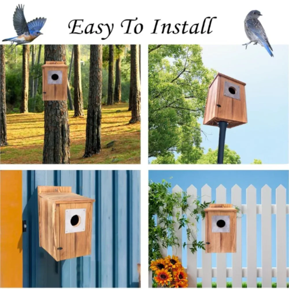 Pine Wood Birdhouse w/ Metal Predator Guard & Cleaning Door